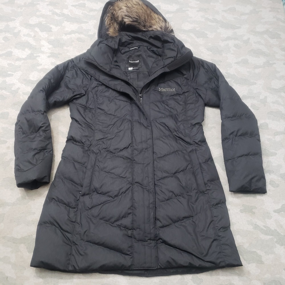 Marmot Montreal Puffer Coat Womens Large Black Full Zip Hooded Fur 700 Fill